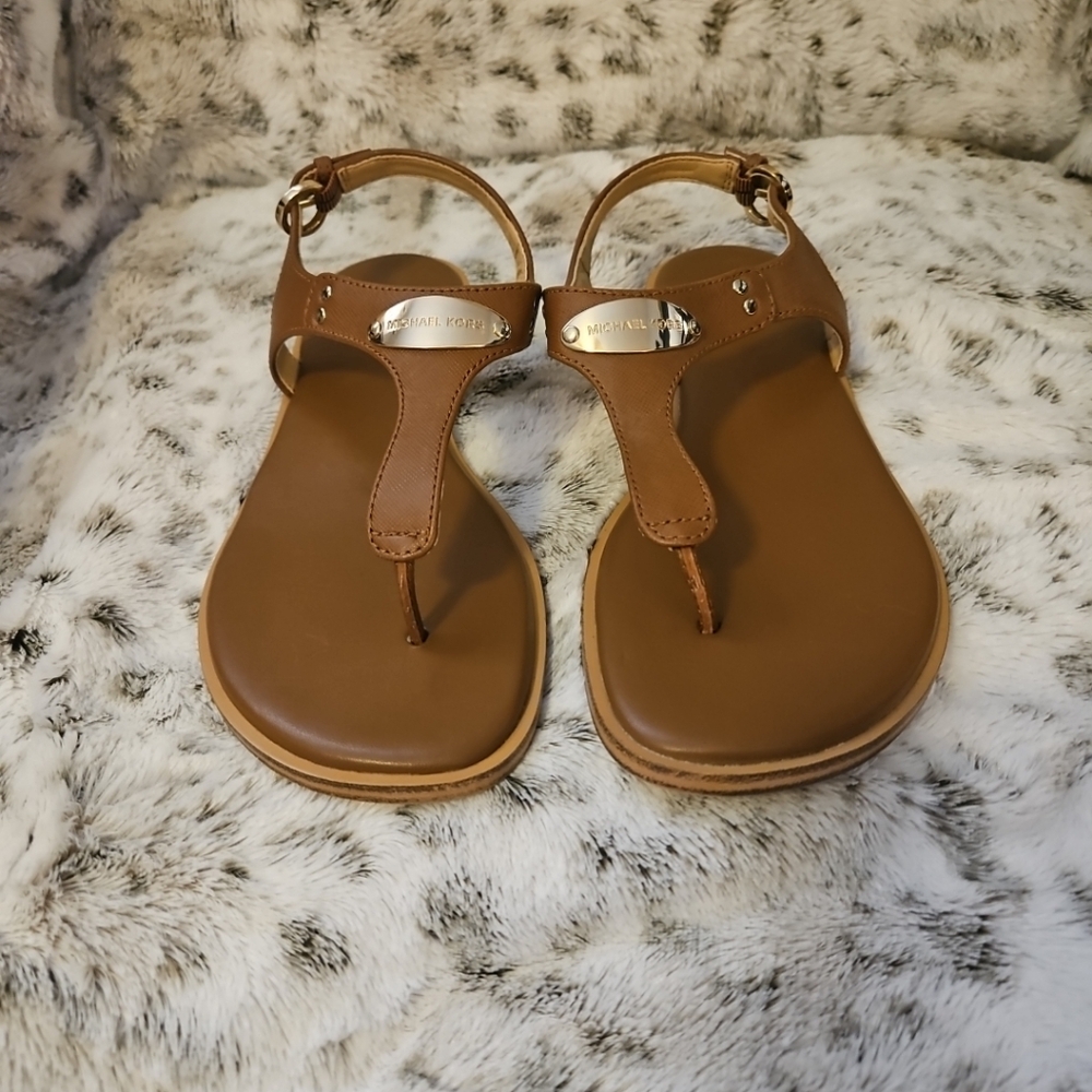 Michael Kors Tan Leather Sandals with Gold Accents